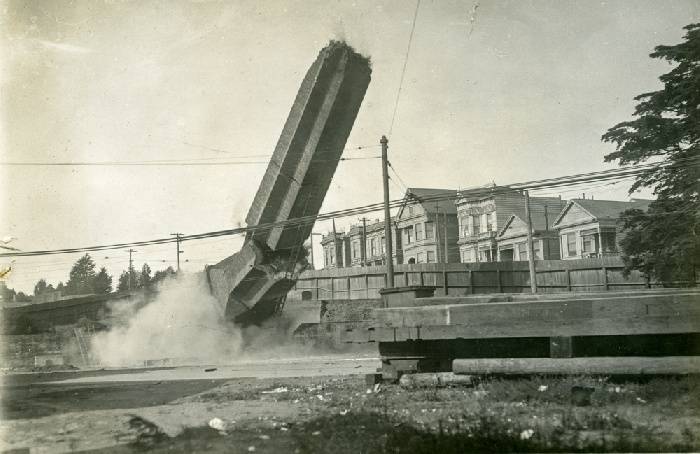 Demolition of McAllister Powerhouse smokestack, 1914 wnp27.3764.jpg