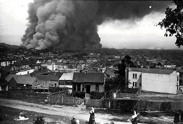 san francisco earthquake of 1906. The 1906 fire blazes as seen