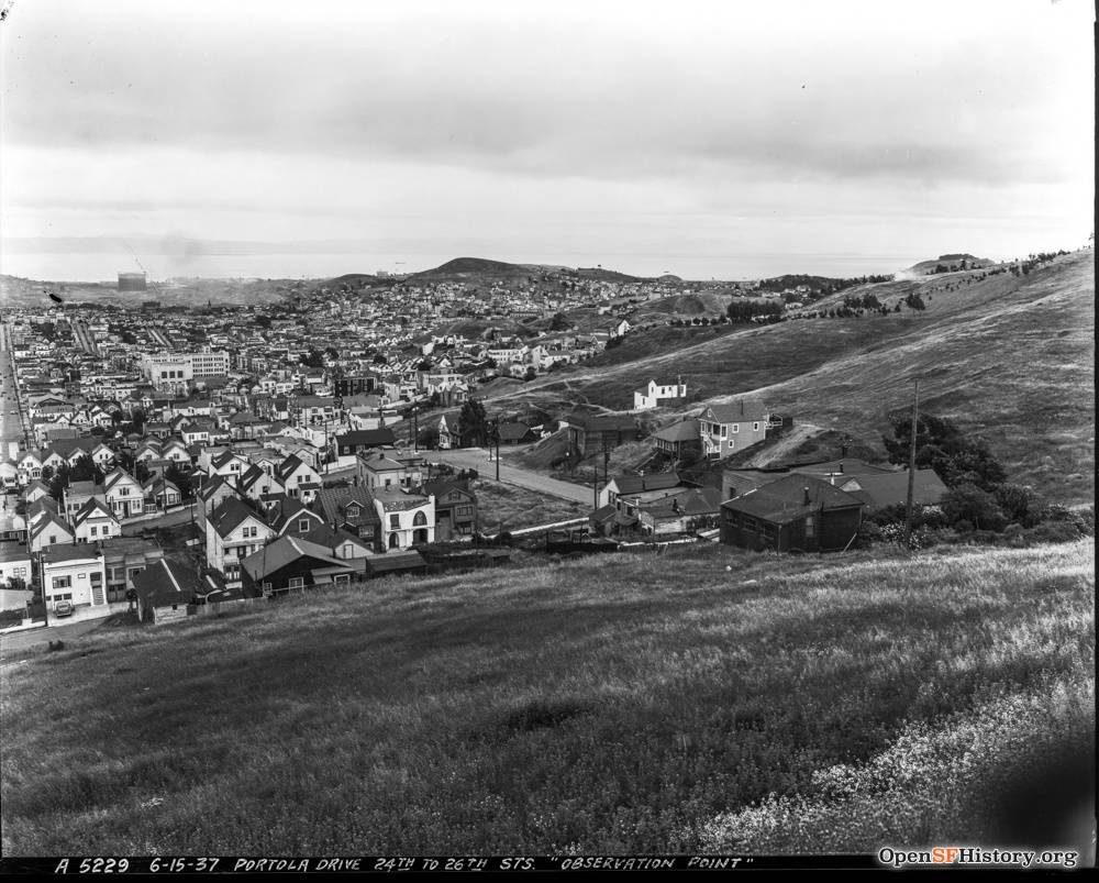 June 15 1937 View of Bernal and Noe Valley. Observation Point - Portola Drive at 24th - Bernal-Noe Valley DPW A5229 wnp26.040.jpg