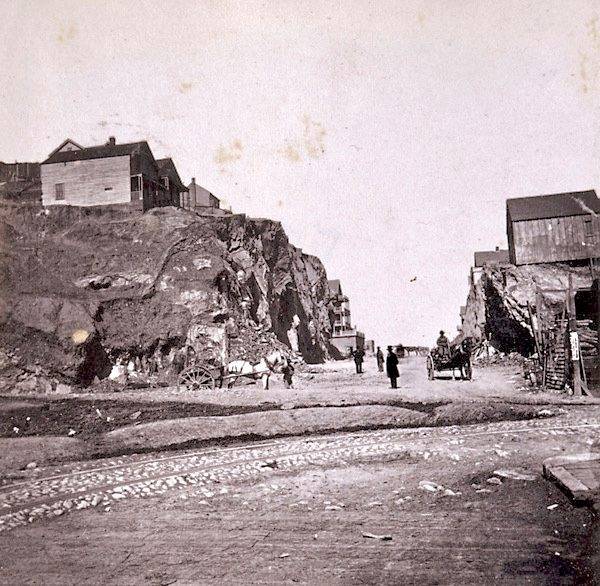 177. San Francisco -- The deep cut on Broadway, between Kearny and Montgomery streets. c. 1860-1870 Lawrence and Houseworth publisher Soc of Cal Pioneers.jpg