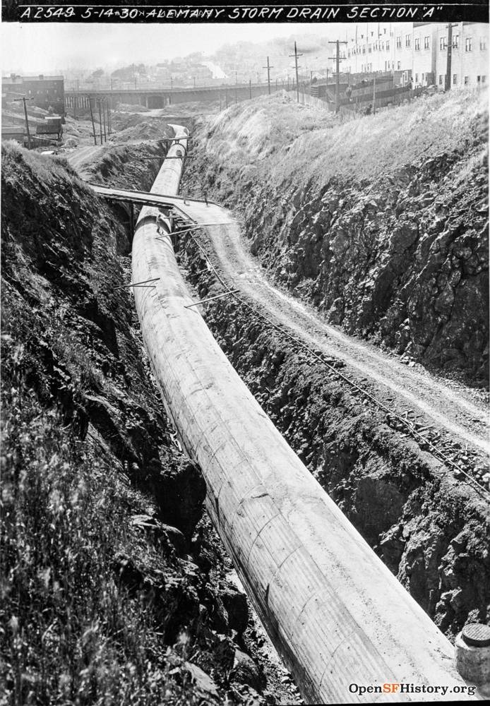 May 14 1930 View west toward Mission Viaduct, St. Marys Park homes on Justin Drive at right Alemany storm drain, Section A Culverting Islais Creek dpwbookBROWNBOOK dpwA2549wnp36.04489.jpg