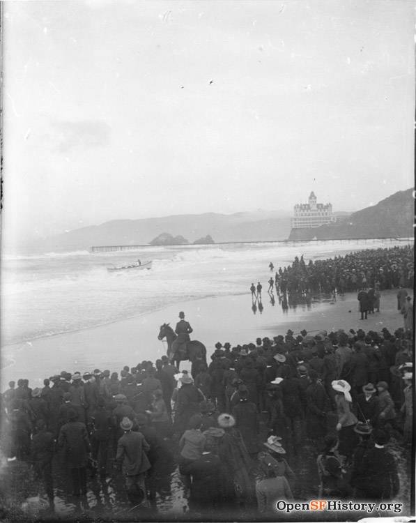 Crowds watching Life Saving Service lifeboat in surf View north towards Cliff House and Seal Rocks. wnp4.1146.jpg