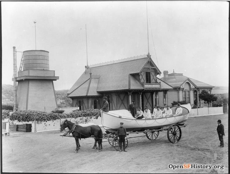 US Life Boat Station with crew and boat on horsedrawn wagon wnp4.1137.jpg