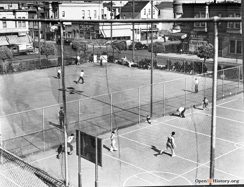 File:Jose Coronado Playground 1930s Elevated view to children playing. At corner of 21st and Folsom, United Grocers, National Meat Market, Jim's Grocery. wnp26.1628.jpg