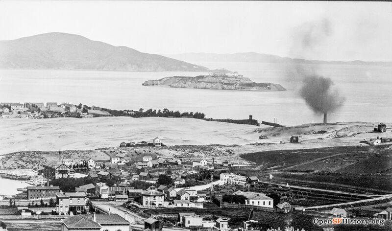 C1870 View northeast over Cow Hollow, to Fort Mason, Alcatraz Island. Selby Smelting Works. Octagon House in lower foreground opensfhistory wnp26.625.jpg