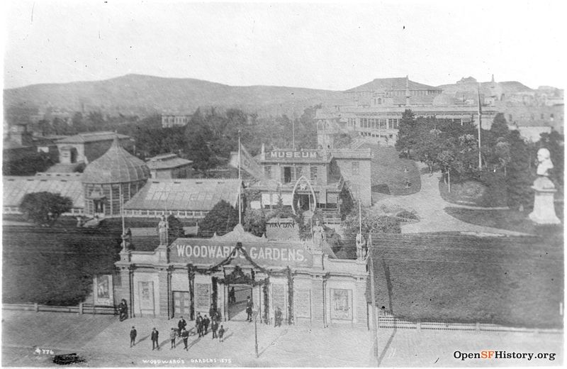 File:1875 Elevated view of Mission Street entrance to Woodward's Gardens , with conservatory, museum and large portrait bust statue behind wnp71.0951.jpg