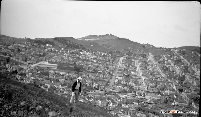 1930s View west, overlooking Noe Valley, with elevated railway. St Pauls Catholic Church at far right. In lower right corner, 29th-Mission St. car barn, Lyceum Theatre. Fairmount School wnp14.1107.jpg