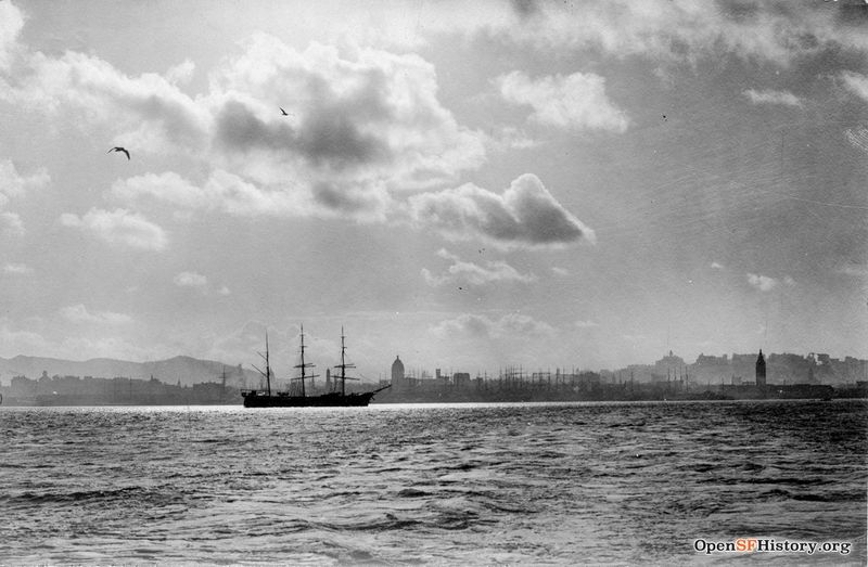 View west from south of the Ferry Building. Call Building and Chronicle Silhouettes are prominent c1900 wnp27.7219.jpg
