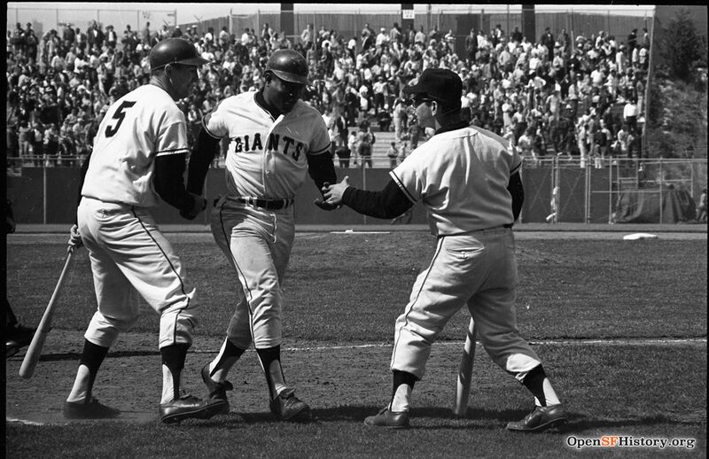 File:Willie Mays finishing home run trot at Candlestick c 1964, congrats from Tom Haller and batboy opensfhistory wnp14.6478.jpg