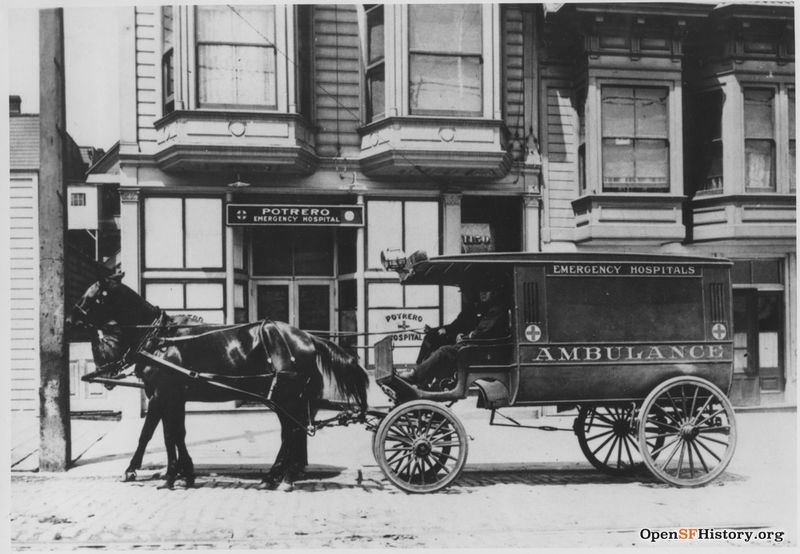 C 1920s Horse drawn ambulance with drivers in front of Potrero Emergency Hospital at 1152 Kentucky Street (now 3rd Street) wnp70.0313.jpg
