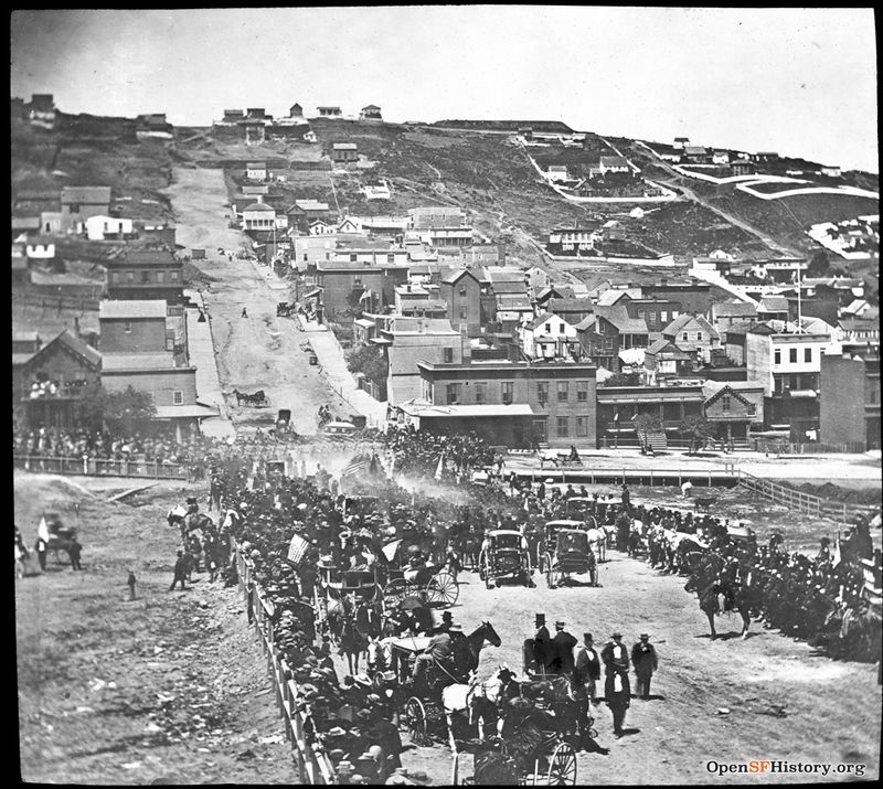 July 4 1862 Washington Square Looking west on Filbert St. to Russian Hill on July 4, 1862. Muster of soldiers parading into Washington Square in North Beach. Lombard St. Reservoir at upper right. wnp13.010.jpg