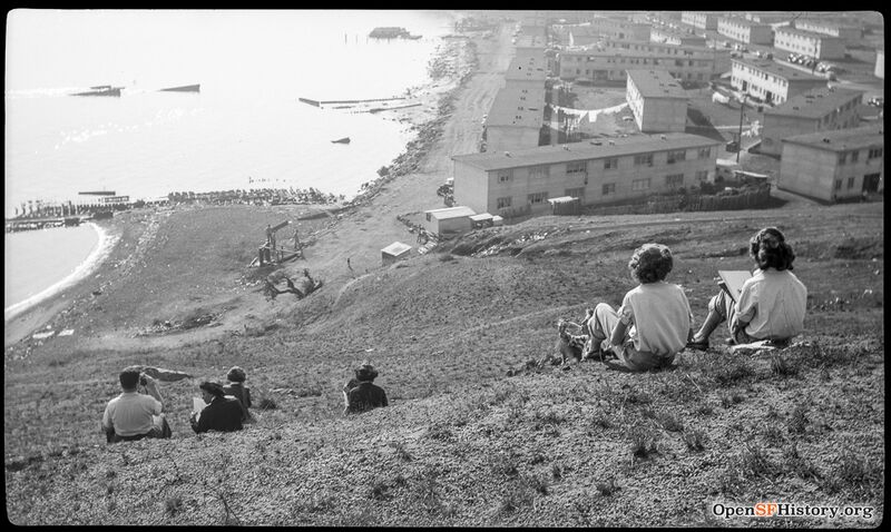 File:View westerly c 1950, school students sitting on hill overlooking the Bayshore and Candlestick Cove projects opensfhistory wnp14.3464.jpg