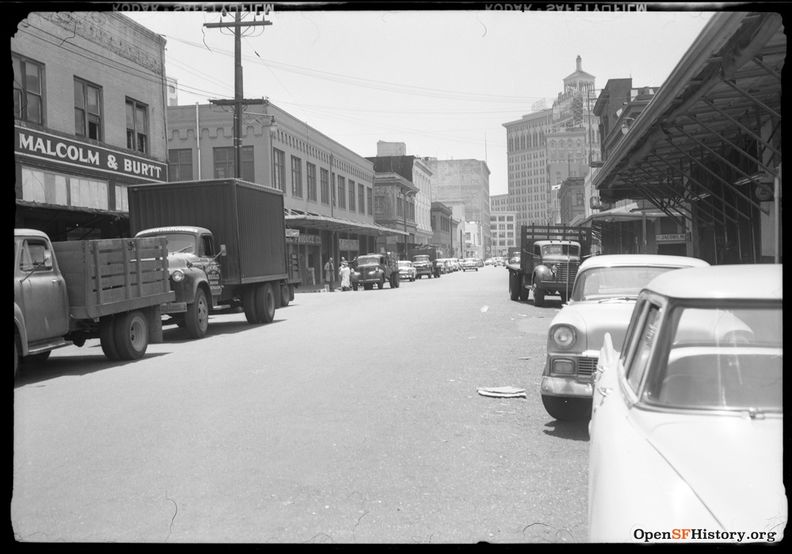 June 1959 Produce District, now the Golden Gateway, view south on Drumm across Washington toward Market. Jacobs Malcom & Burtt on left wnp14.10237.jpg