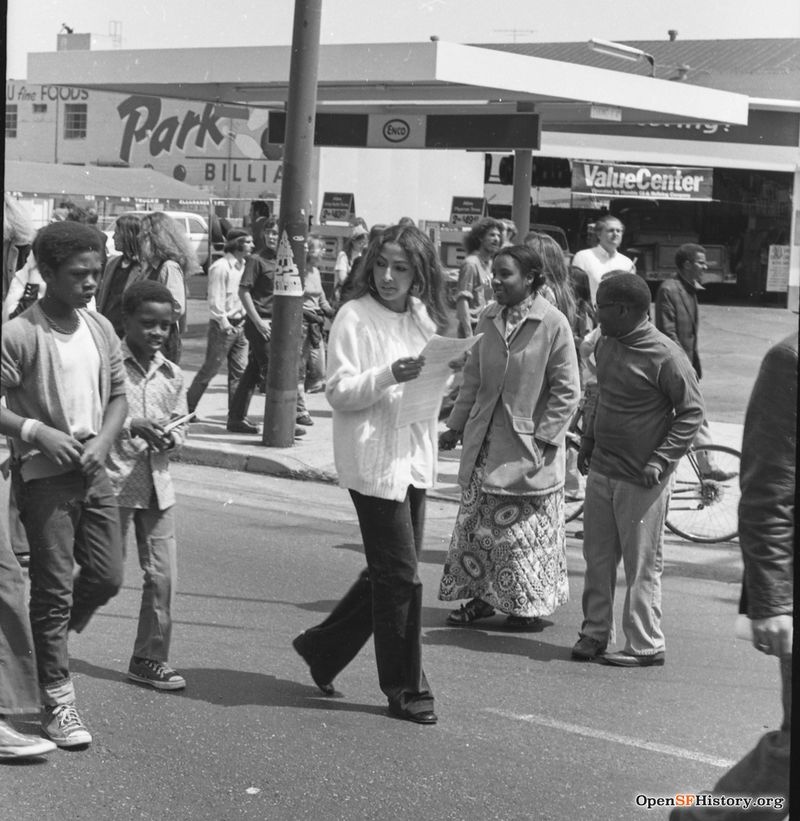 Anti Vietnam War March, from the Golden Gate Park Panhandle to Kezar Stadium. View east on Stanyan near Haight. Enco gas station, Park Bowl, later Amoeba Records in background with sign Billiards wnp28.3258.jpg