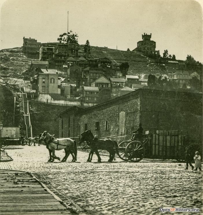 C1890 Battery and Filbert view west on Filbert to two-horse carts on east side of Telegraph Hill. German Castle (Layman's Castle) atop hill. wnp24.227a.jpg