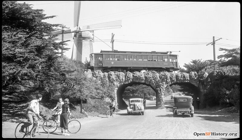 Golden Gate Park Oct 5 1941 railcar on rustic bridge and Murphy Windmill wnp14.10319.jpg