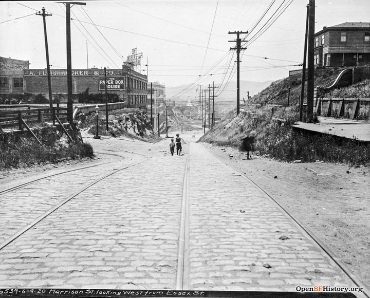 View West on Harrison from Essex, A. Fleishhacker and Company, The Paper Box House, on left at 2nd & Harrison. Kids walking up the street--wnp36.02325.jpg