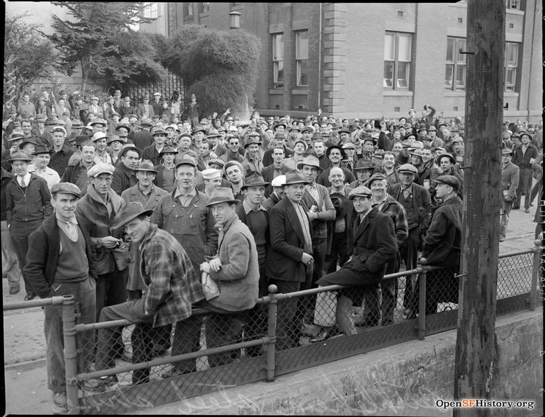 File:1941 Bethlehem Steel Strike, shipyard workers assembled on 20th Street east of Illinois, 560 20th Street in the background wnp28.3661.jpg