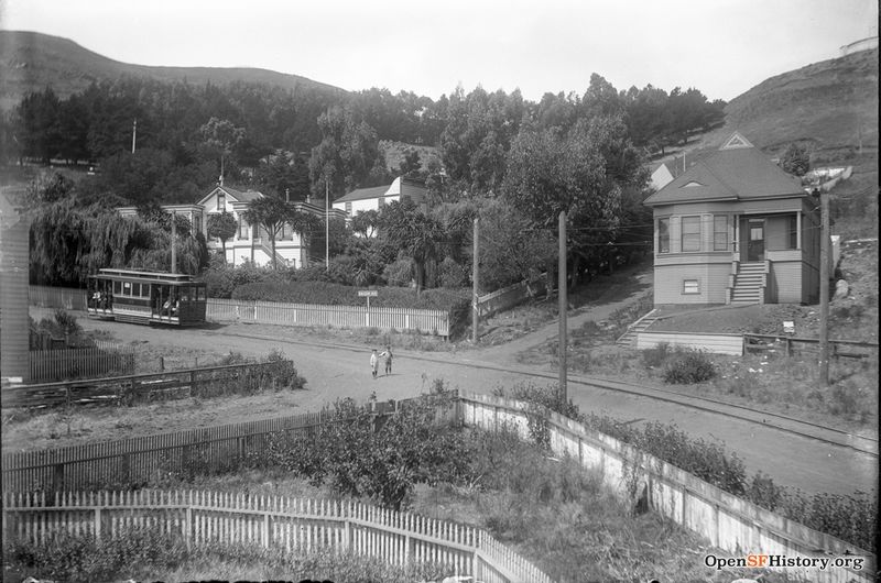 File:View west toward intersection of Falcon (now Market) and Moss Alley (now 19th). Miller & Joost home (now 3224 Market) at the left. 18th and Park line streetcar, Twin Peaks and Tank Hill in the background wnp15.1723.jpg
