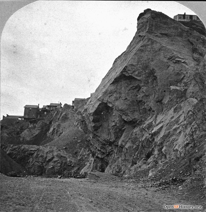 Tel Hill c 1875 Close View of rocky outcrop with houses in background. Probably Broadway cut. wnp37.02295-R.jpg