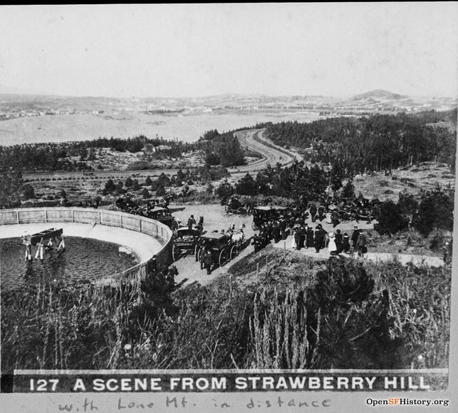 File:View northeast from Strawberry Hill c 1870 Lone Mountain in the distance at top right, Reservoir, people with horses and carriages, North now JFK Drive curving at center with Richmond District sand dunes beyond wnp37.00575.jpg