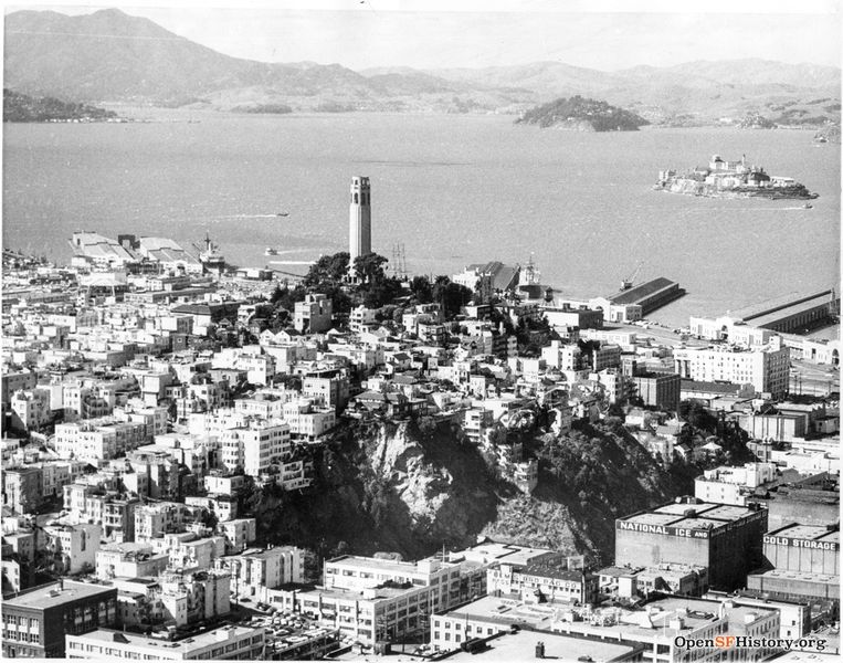 File:1958 Aerial view of Coit Tower, Alcatraz, Marin County beyond. wnp27.5543.jpg