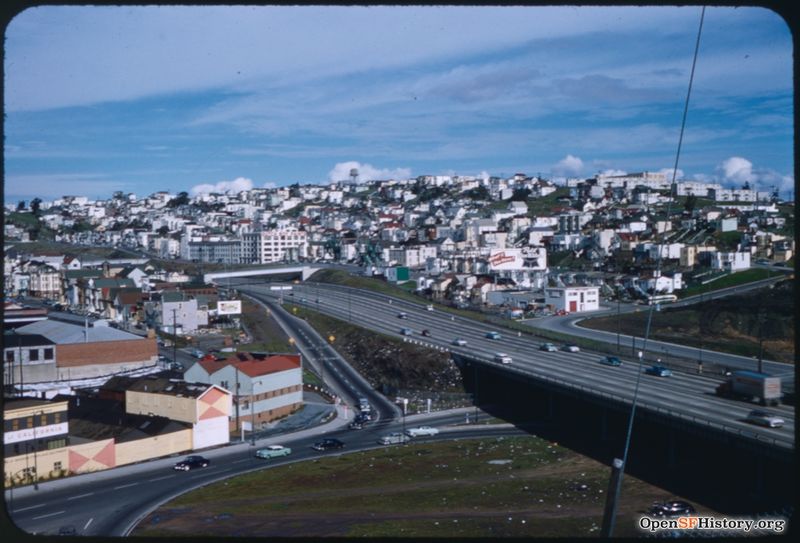 View Northeast from Peralta Street toward US101 Freeway crossing Army (now Cesar Chavez), before Potrero Avenue Interchange Dec 1955 wnp32.2355.jpg