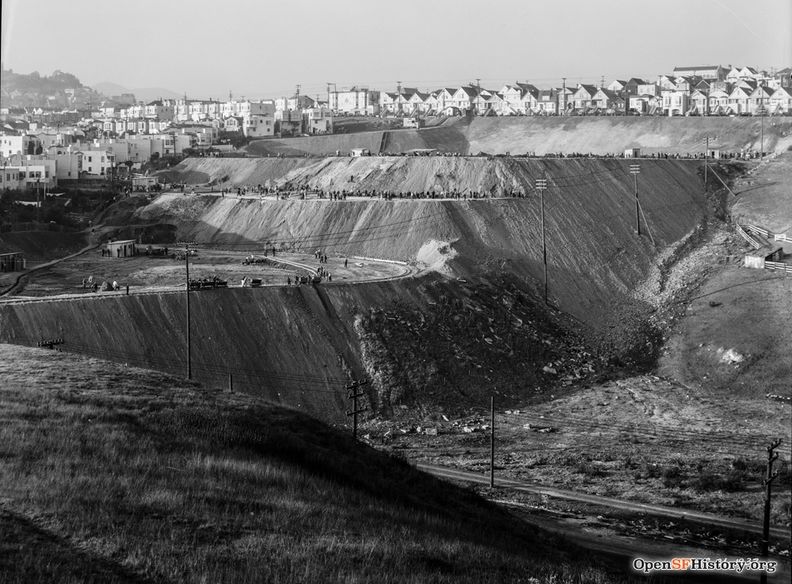 Dec 26 1933 St. Mary's Park, later St. Mary's Recreation Center under construction. View south across Alemany Boulevard toward grading, houses on Crescent, Bernal Heightswnp14.2793.jpg