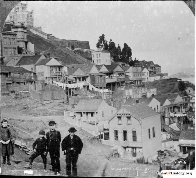 File:Tel Hill 1890 View north from Alta Street of three boys and a girl standing on hillside. Cottages with laundry drying and Layman's Castle on top behind. Behind them on Filbert Steps is 228 Filbert, built 1869 wnp71.2480.jpg