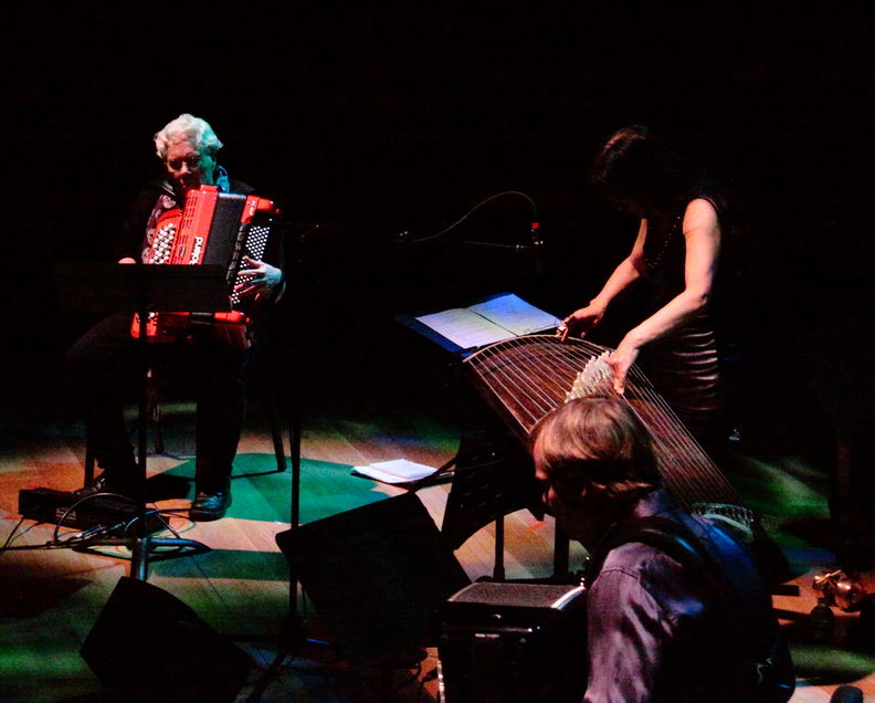 Pauline Oliveros, Miya Masaoka and Frode Haltli performing Oliveros’ Twins Peeking at Koto 2014 Allan Cronin om202021.jpg