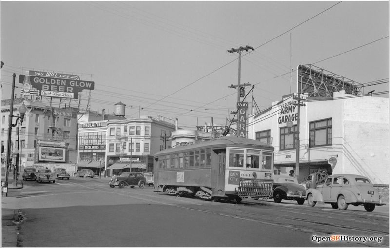 File:1947 View north on Mission toward Cesar Chavez (then Army Street) before widening, SF Municipal Railway 14-line Streetcar 941, Army Garage Victor L. DeMartini, McBlain's Kiddie Shop. Billboard for Golden Glow Beer wnp27.50129.jpg