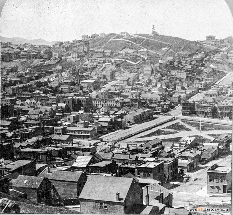 View southwest from Telegraph Hill across Washington Square (before major landscaping). Jobson's Observatory (1861-1869) on top of Russian Hill c 1865 wnp37.00655-R.jpg