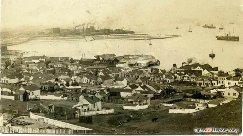 Photo postcard view northeast from hill toward Islais Creek outlet. Fairfax Avenue, cottages, California Tallow Works, Chas. F. Lengeman shop. c 1915 wnp27.4754.jpg