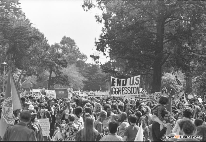 Panhandle, crowds of people with banners. Anti Vietnam War March, from the Golden Gate Park Panhandle to Kezar Stadium wnp28.3237.jpg