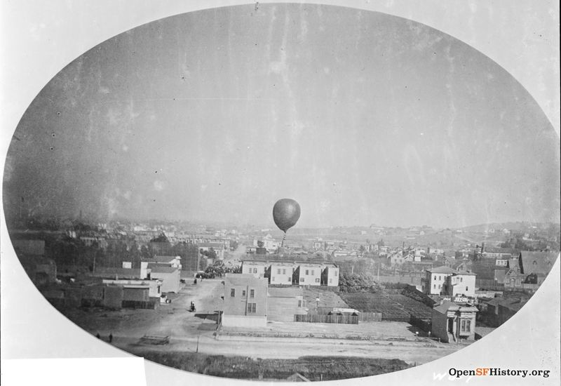 Woodwards Gardens 1883 Distance view of a balloon ascension at Woodwards Gardens. Taken from near Ramona and 14th St. wnp71.2203.jpg