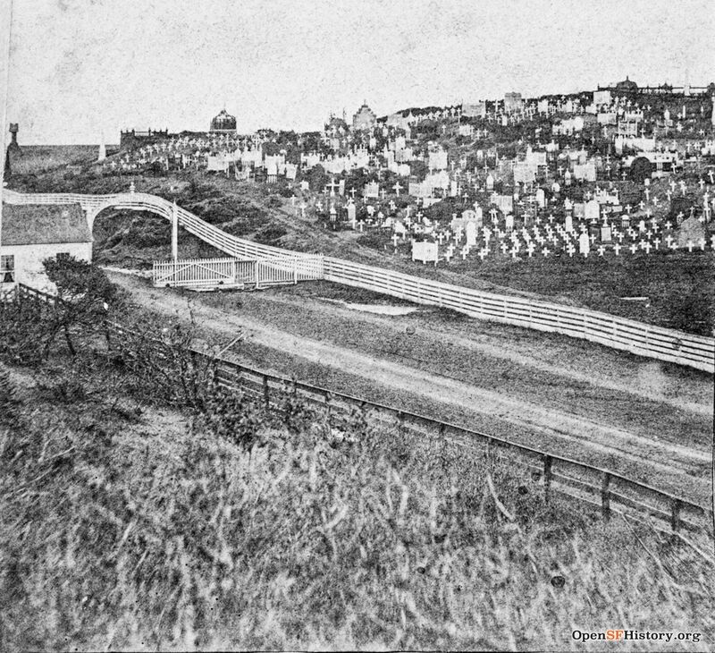 Pt. Lobos Road now Geary St near Presidio Avenue; tollhouse graves in background Calvary Cemetery 1860s wnp37.01364.jpg