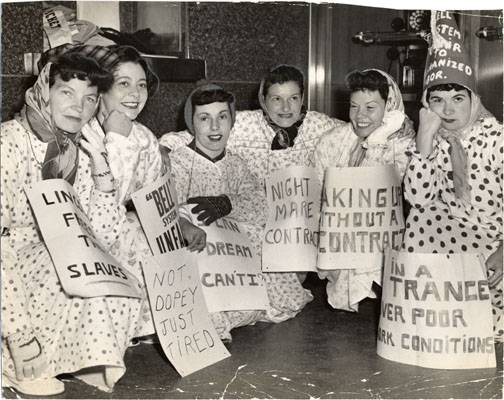 File:Striking employees dressed in nightgowns on picket line at the Pacific Telephone and Telegraph Companys 25th and Mission streets telephone exchange July 24 1951 AAD-5619.jpg
