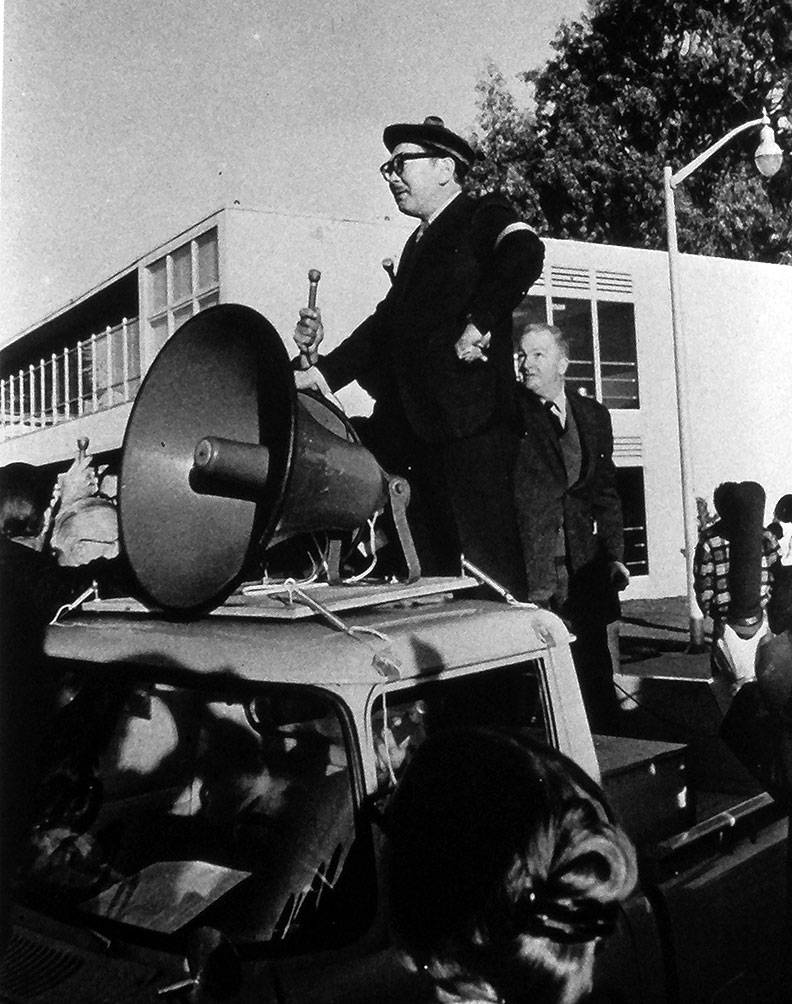 S.I. Hayakawa on sound truck 1968