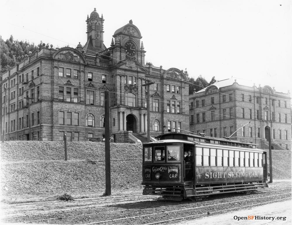 Nov 15 1908 Parnassus and Hillway The Golden Gate Sight Seeing car passing Affiliated Colleges - United Railroads U0XXXX wnp27.6491.jpg