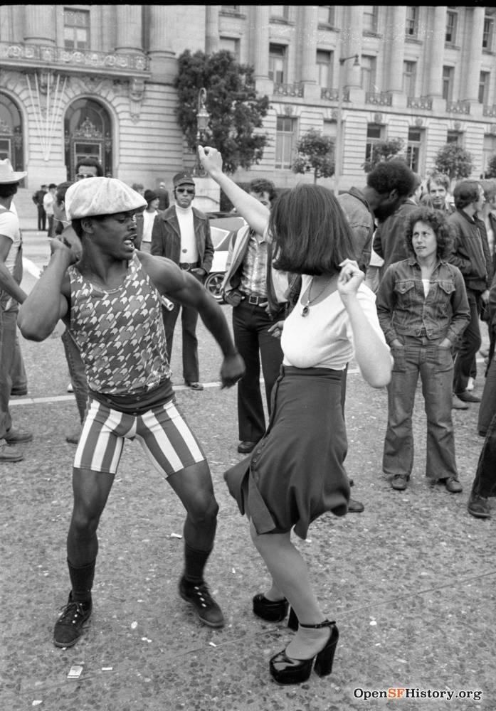 1974 Gay Freedom Day-Couple dancing at fair and concert at end of Gay Freedom Day parade wnp72.059.jpg