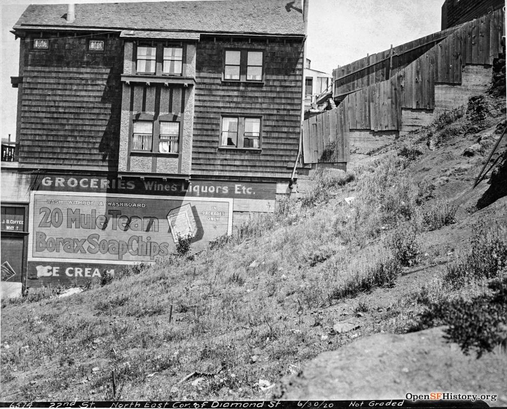 Northeast Corner of 22nd and Diamond, not graded. Now the site of a stairway, Grocery Store building still stands. June 30 1920 wnp36.02327.jpg