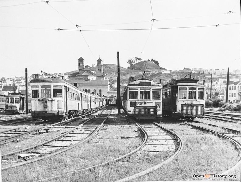 MSRY streetcar Boneyard on block bounded by Lincoln Way Funston Ave, 14th Ave, and Irving St 1940 wnp37.04346.jpg