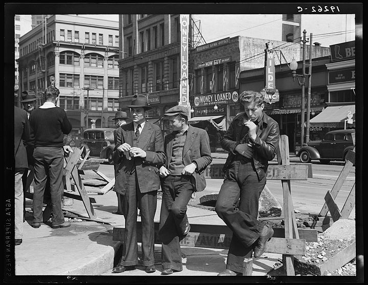 Salvation Army, San Francisco, California. Unemployed young men pause a moment to loiter and watch, and then pass on April 1939 8b33295v.jpg