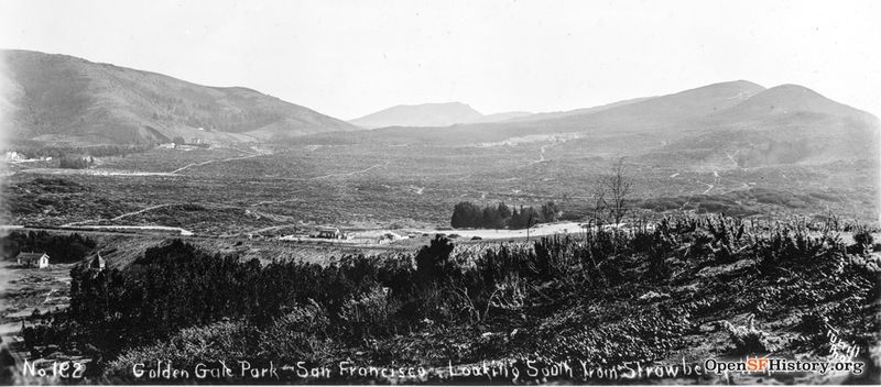 View southeast July 1886 No. 192 Golden Gate Park -- San Francisco -- Looking South from Strawberry Hill. Turrill Photo Inner Sunset. Mount Sutro on left, Golden Gate Heights on right wnp27.4937.jpg