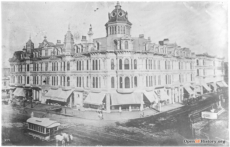 File:1874 Market and New Montgom Elevated view across Market Street to Grand Hotel-- Market St Railway horsecar-- Empty lot where Palace Hotel to be constructed G57 SSS-057 GGNRA-Behrman GOGA 35346 opensfhistory wnp71.0869.jpg