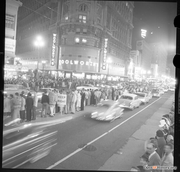 File:Oct 3 1962 Night view of crowds of baseball fans celebrating the Giants win over the Dodgers to win the 1962 National League Pennant opensfhistory wnp28.6146.jpg