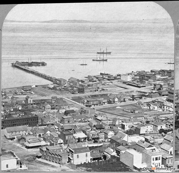 File:Meiggs Wharf at left. Extended from present Francisco St. between Mason and Powell to approximately today's Embarcadero. At Francisco St. end, Abe Warner's Cobweb Palace saloon. c1867 opensfhistory wnp37.00681-L.jpg