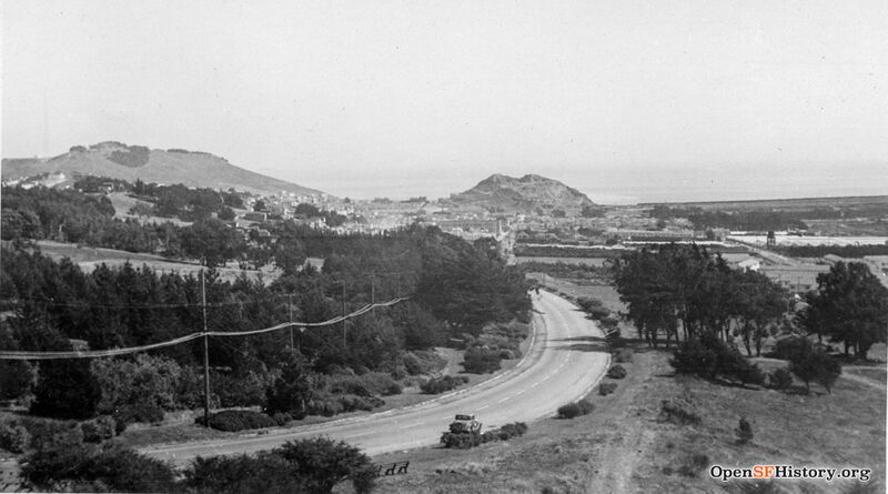 C 1924 View from McLaren Park The smaller hill at center, at the south end of the Little Hollywood neighborhood was leveled and became bay fill opensfhistory wnp27.4823.jpg