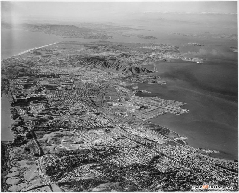 C1952 Looking north along San Francisco peninsula toward San Francisco and Marin;. SFO at right wnp27.5576.jpg