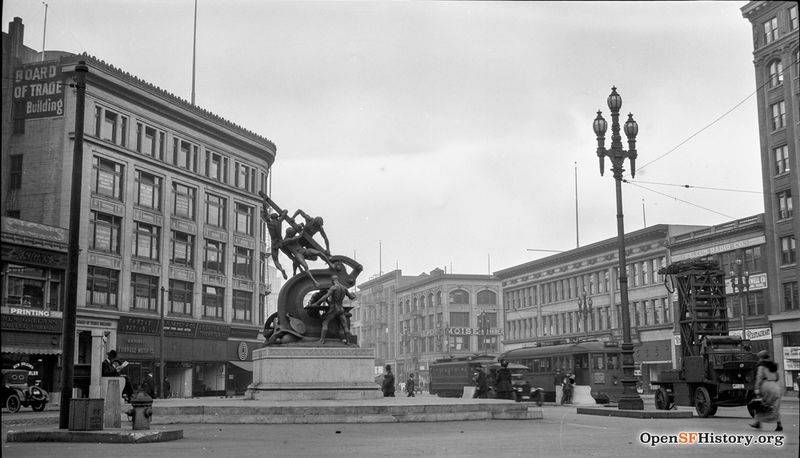 File:Market and Battery c 1919 View east on Market Street from Battery. Mechanics Monument at center. Board of Trade Building. 6-Line and J-Line streetcars wnp14.12739.jpg